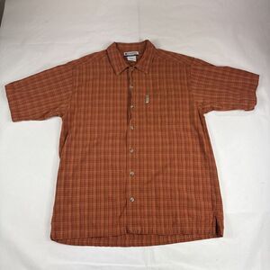 Columbia Button Up Shirt Men L Orange Tartan Short Sleeve Outdoors Hiking Campin